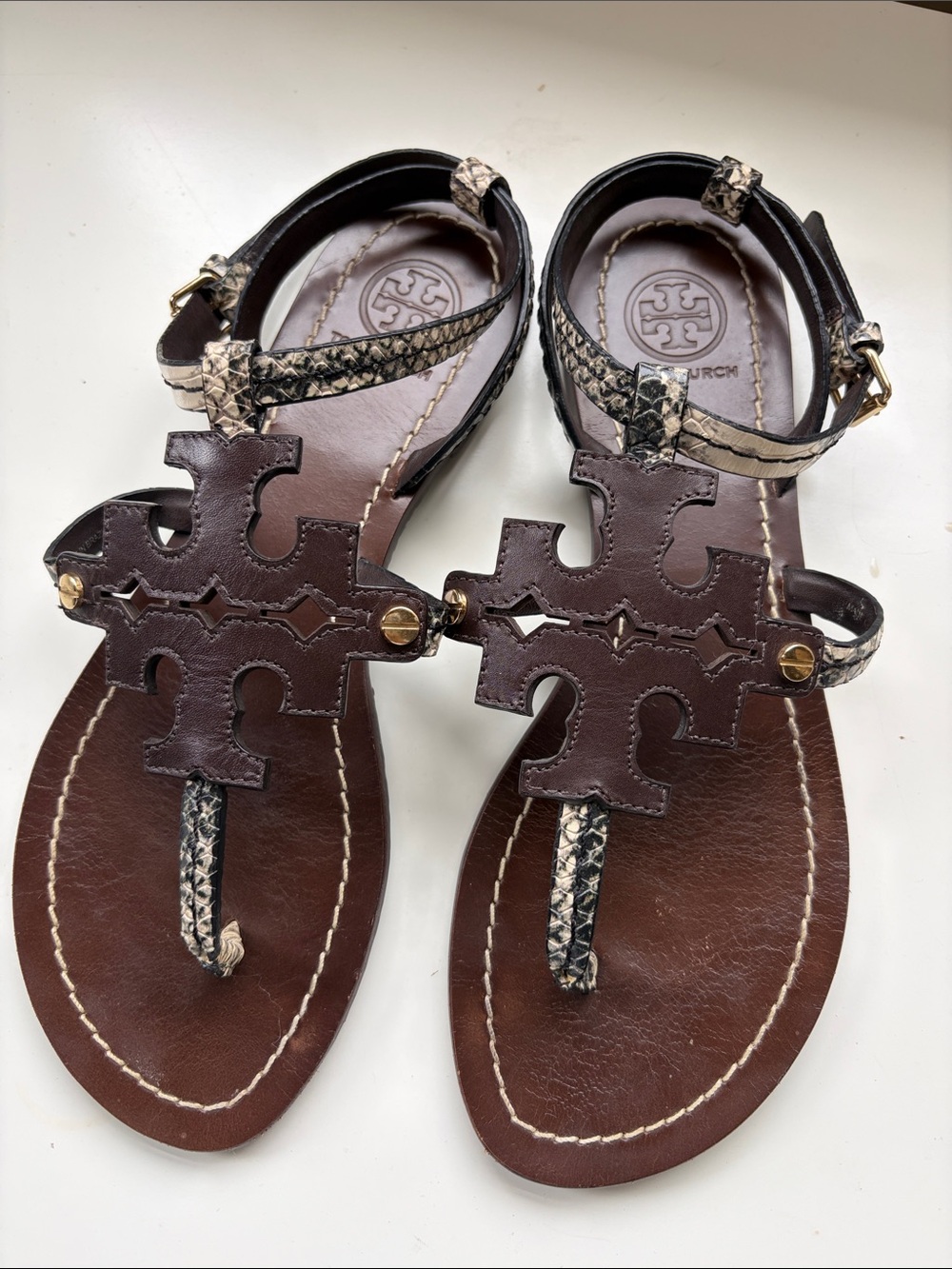 Tory Burch Brown Leather Sandals with Snake-Print Accents